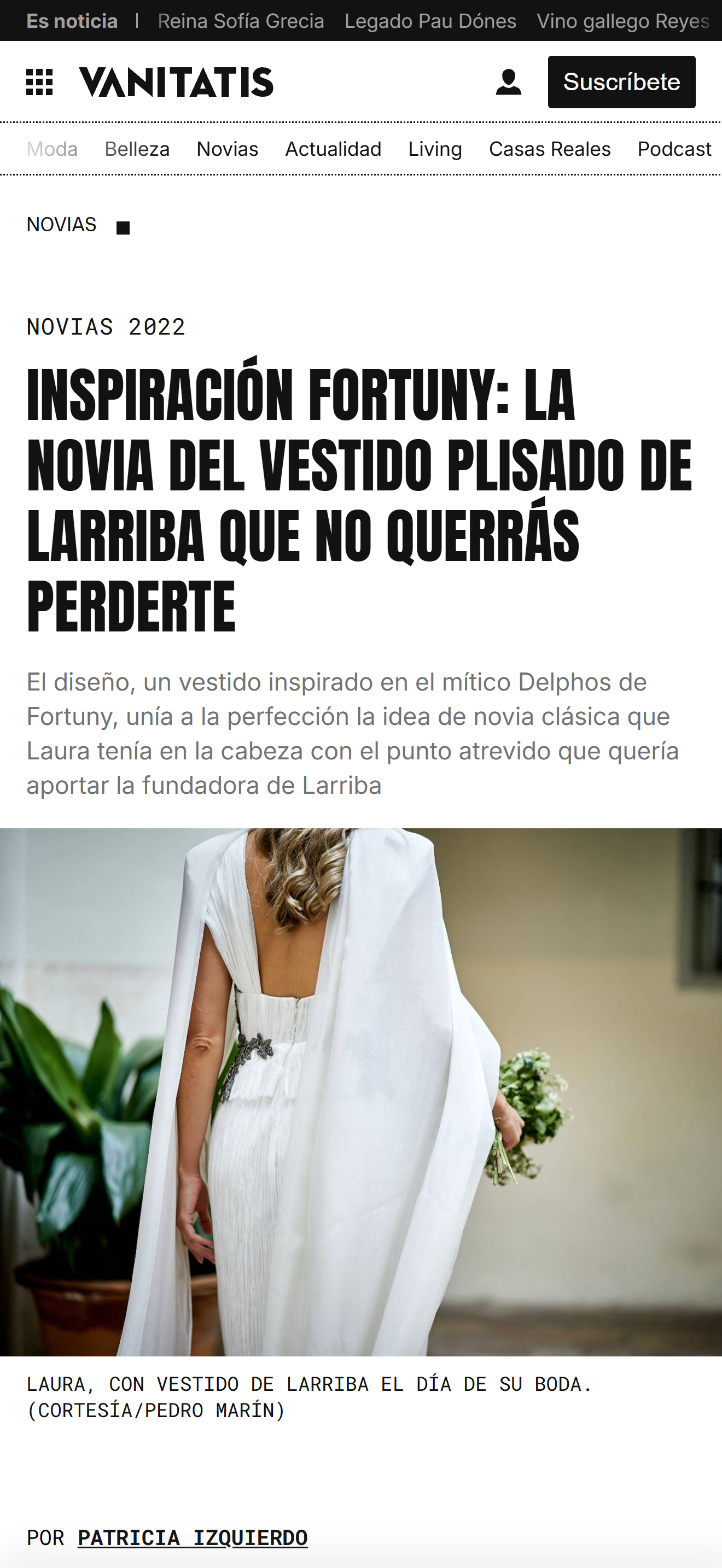 Captura del artículo de Vanitatis sobre un vestido de novia inspirado en Fortuny