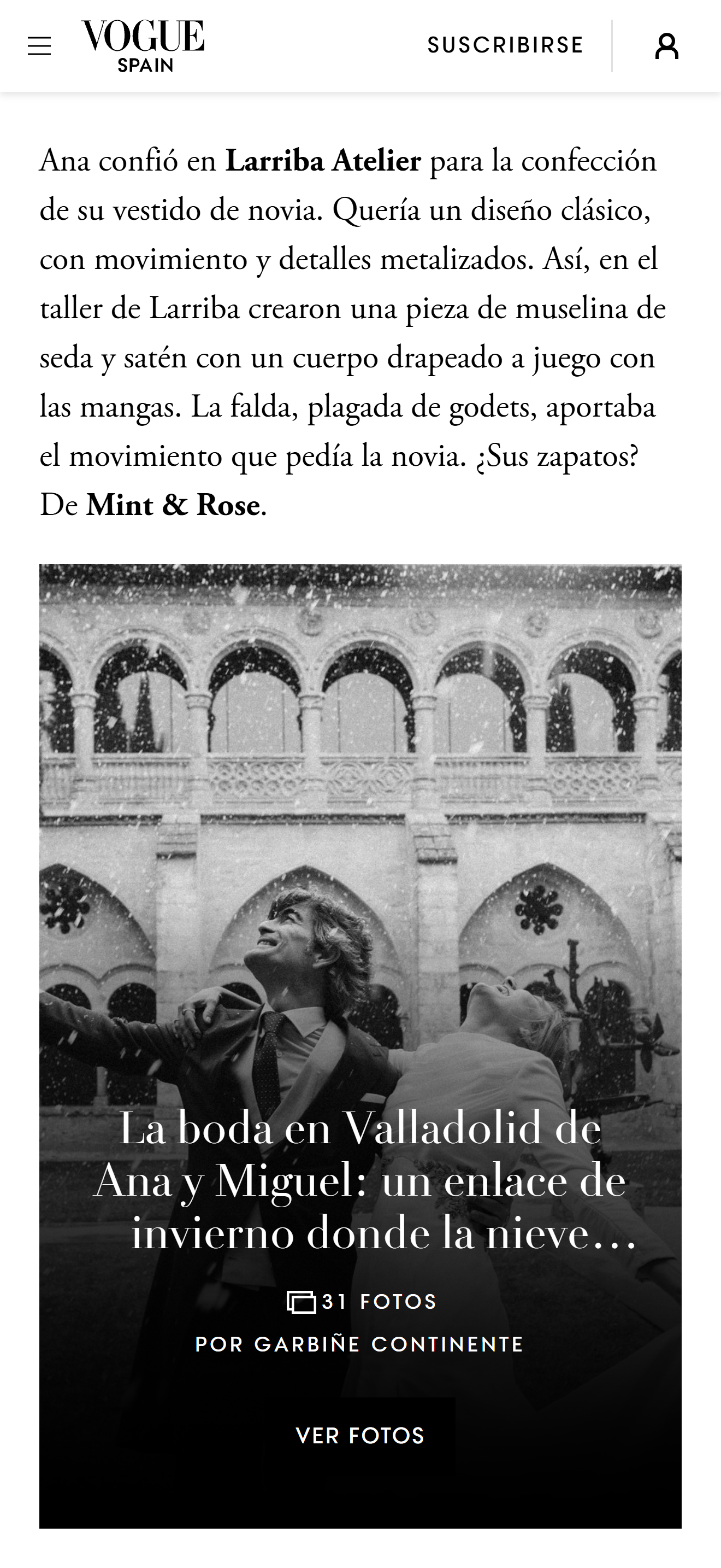 Captura del artículo de Vogue España sobre la boda en Valladolid de Ana y Miguel