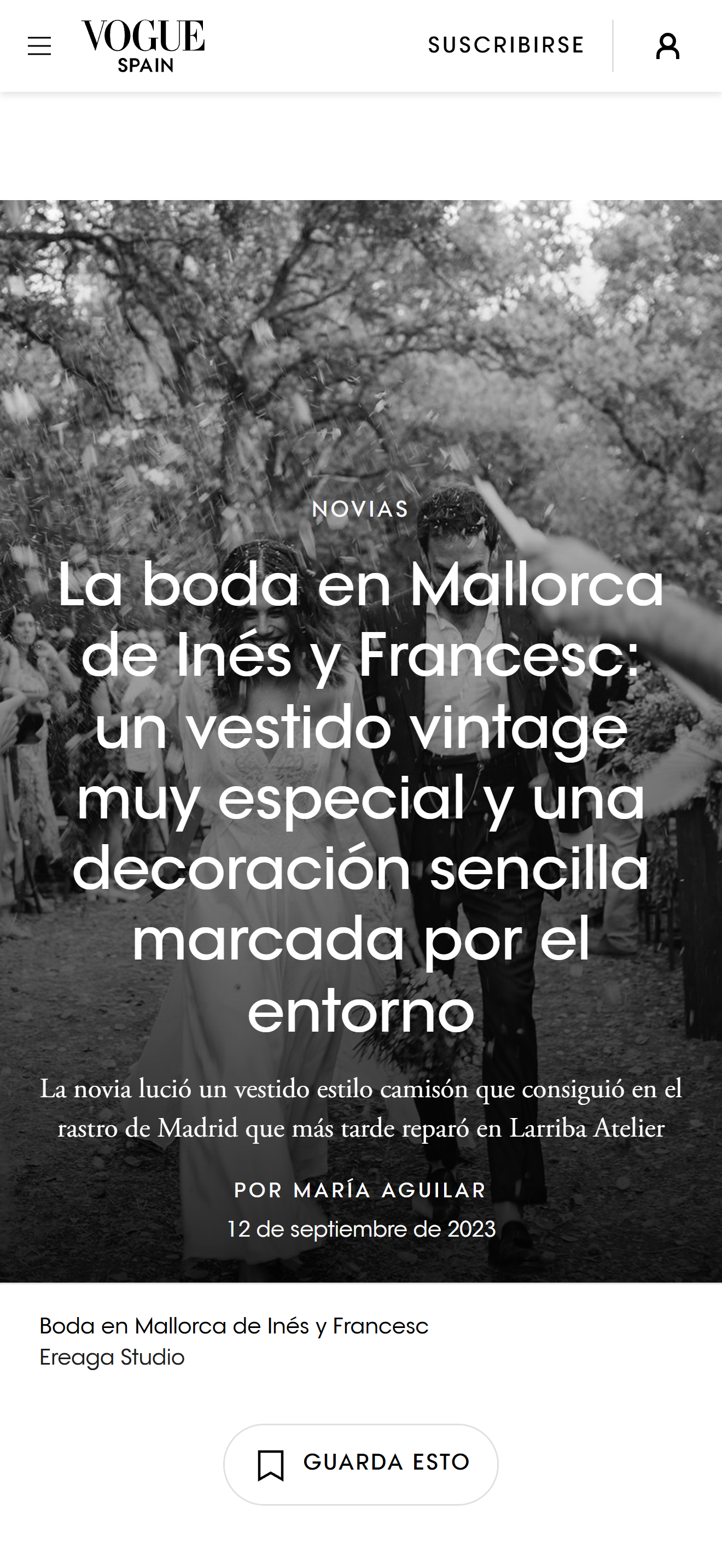 Captura del artículo de Vogue España sobre la boda en Mallorca de Inés y Francesc